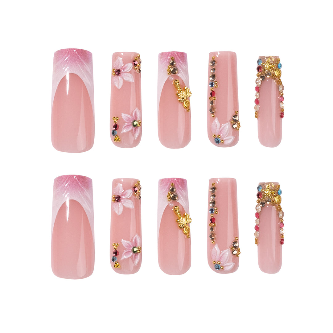 Artistic Nail Extensions with Rhinestone and Flower Embellishments Kalsten