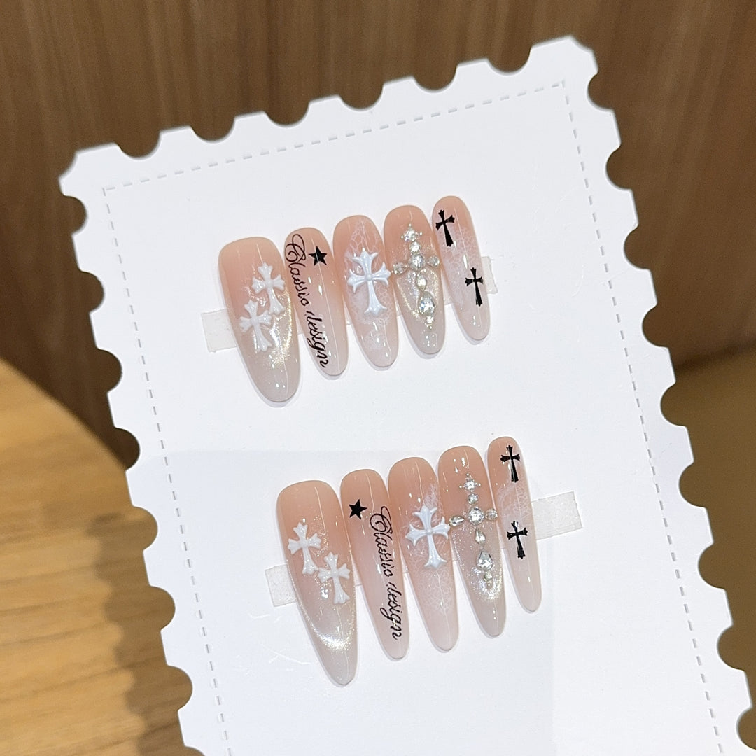 Artificial nail tips with cross and glitter motifs Kalsten