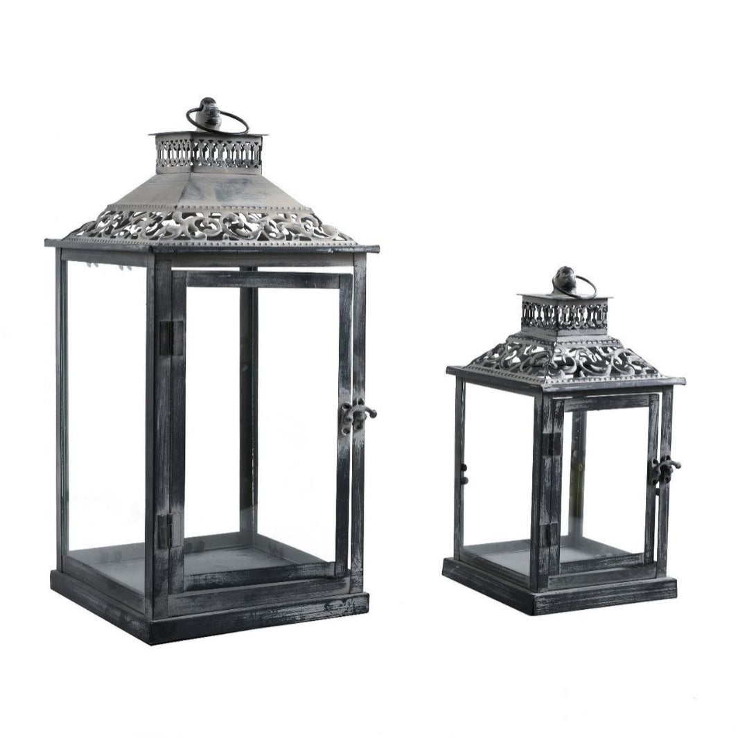 Ornate Distressed Wooden and Metal Glass-Paneled Decorative Lantern Kalsten