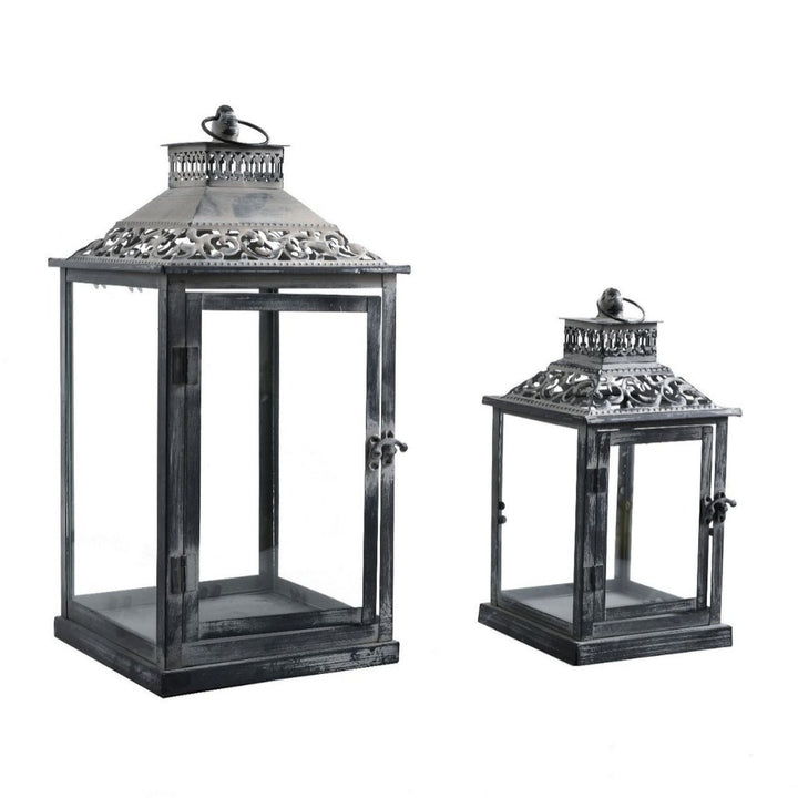 Ornate Distressed Wooden and Metal Glass-Paneled Decorative Lantern Kalsten