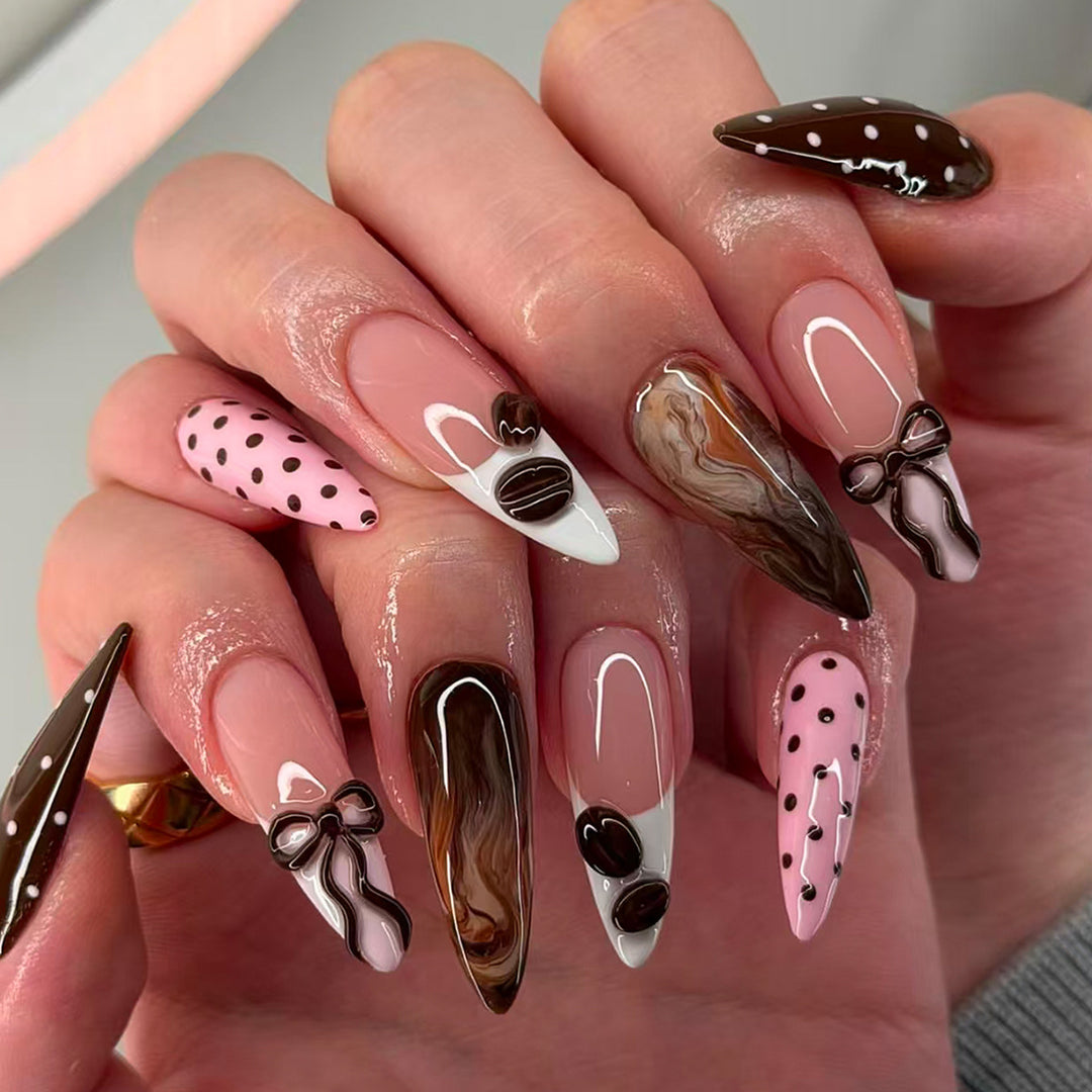 Elegant artificial nails with chocolate motifs and 3D elements Kalsten