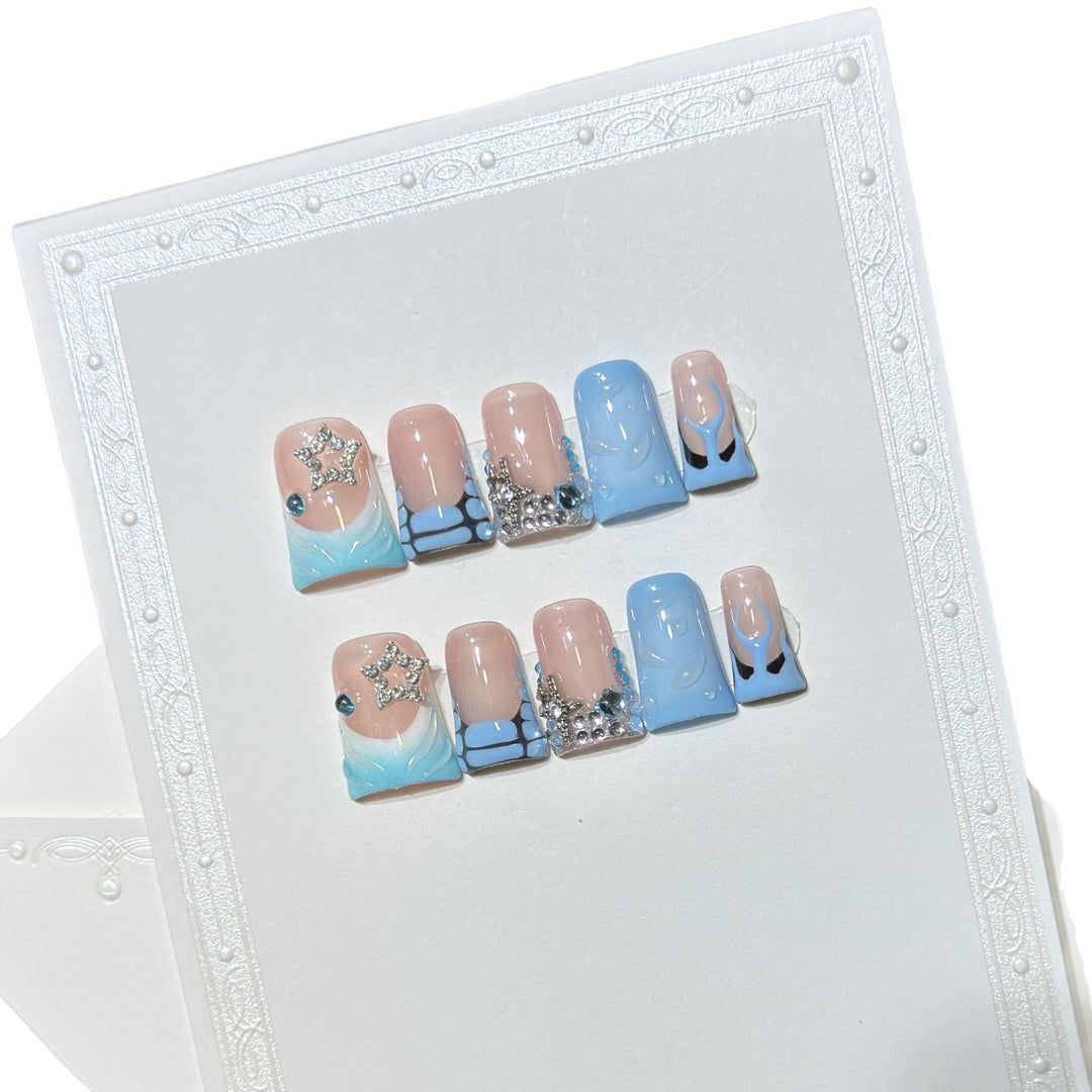 Decorative Press-On Nail Art Set with Ocean-Inspired Design Kalsten
