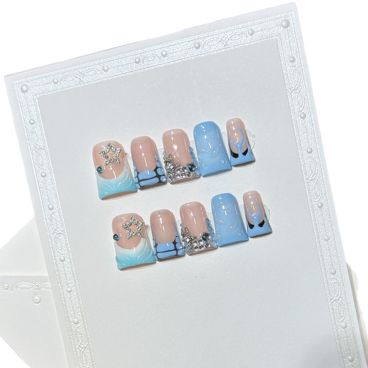 Decorative Press-On Nail Art Set with Ocean-Inspired Design Kalsten