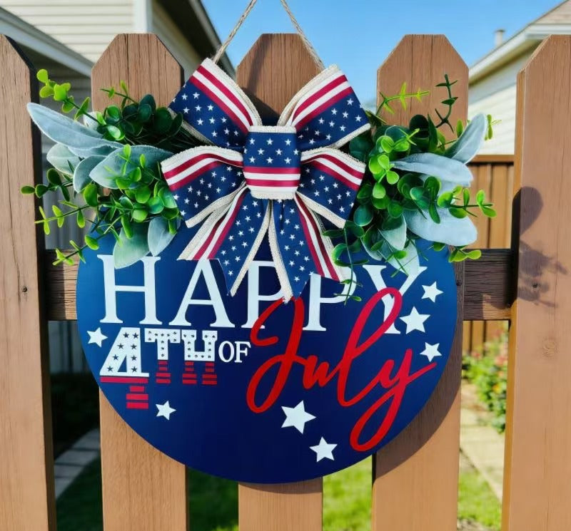 Unisex nan Patriotic Round Wooden Door Sign with Bow and Faux Greenery Kalsten