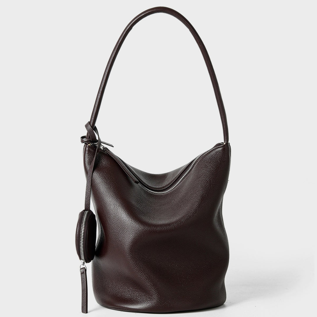 Slouchy Pebbled Bucket Hobo Bag with Curved Top Zip and Hanging Coin Pouch