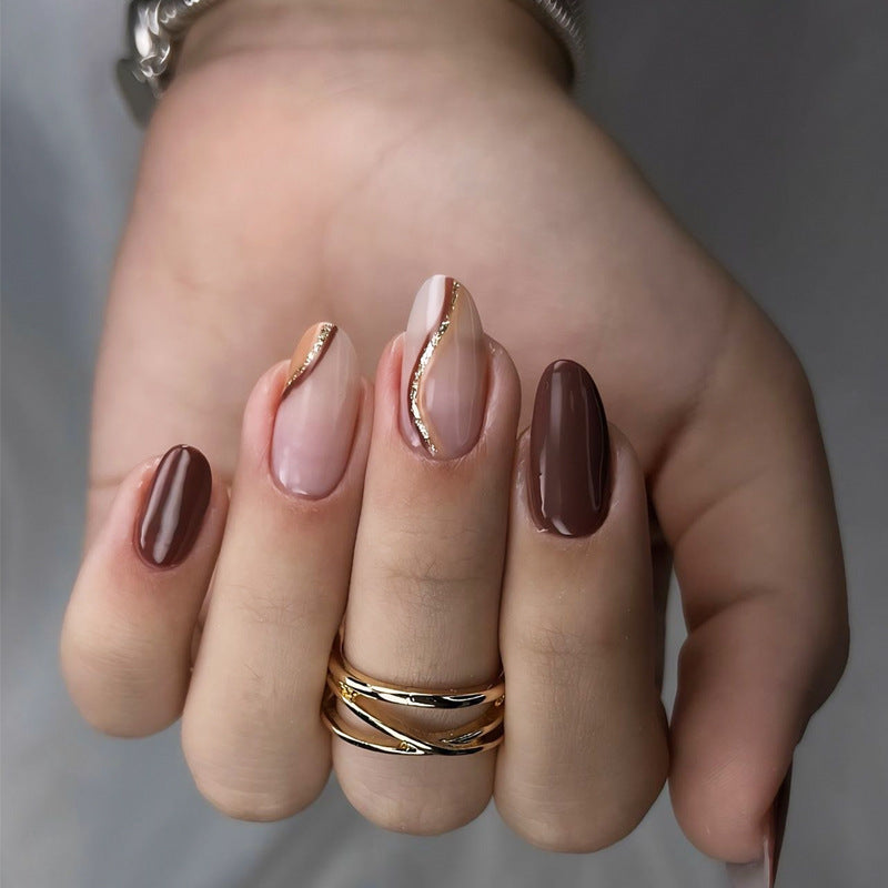 Artistic Press-On Nail Set with Elegant Gold Accent Kalsten