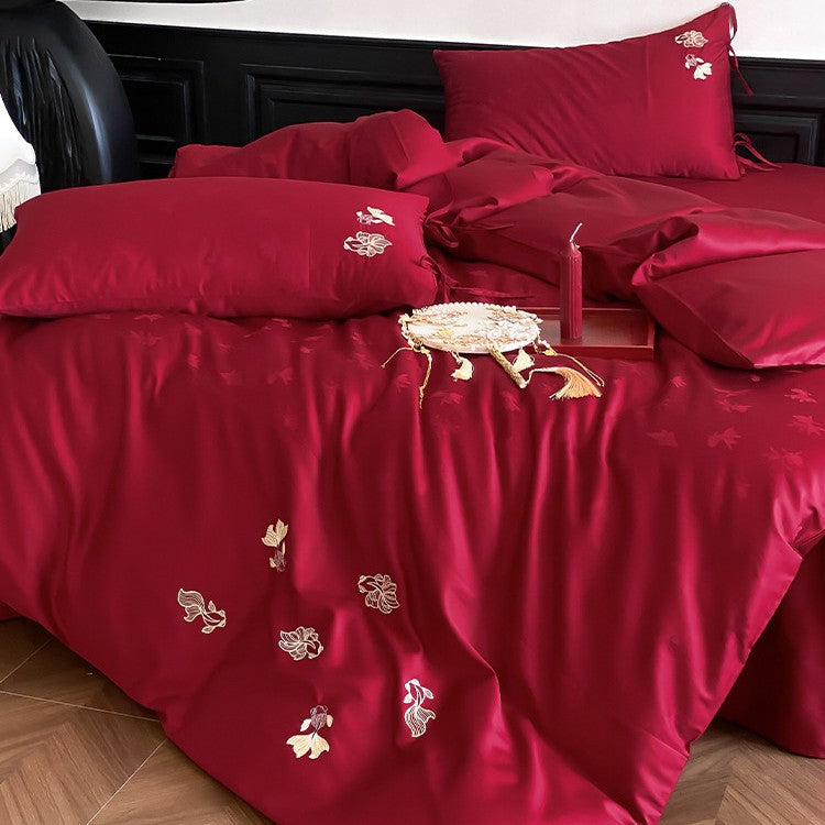 Luxurious satin bedding set with fine floral embroidery