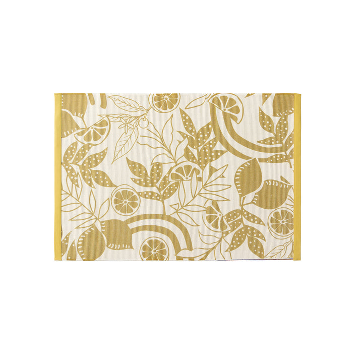 Woven table runner with floral vinyl print look and reinforced overlock stitching Kalsten