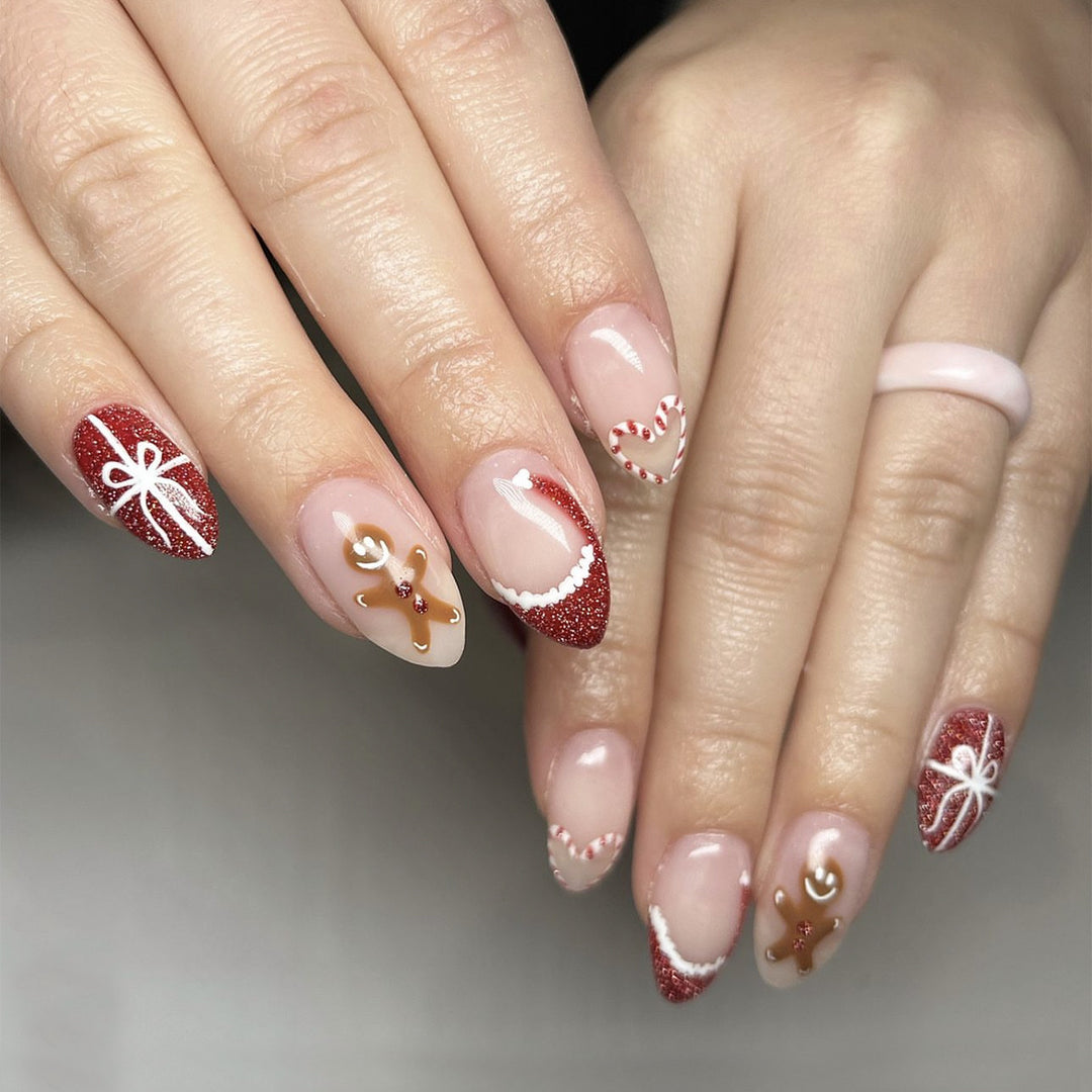 Artificial nail set with festive candy cane and gingerbread pattern Kalsten
