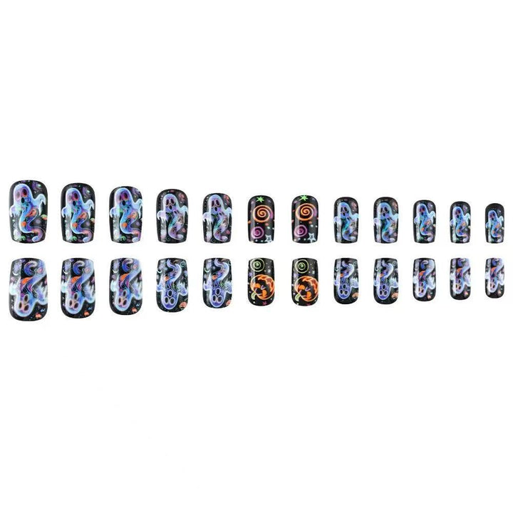 Creative nail art set with colorful Halloween designs and glitter effects Kalsten