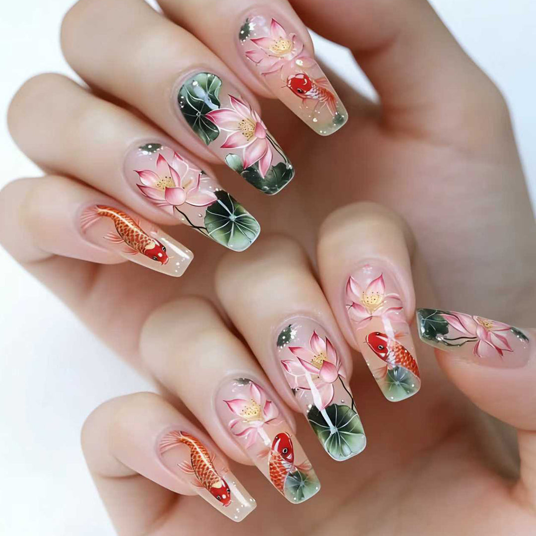 Artificial nails with floral lotus elements and koi pattern Kalsten