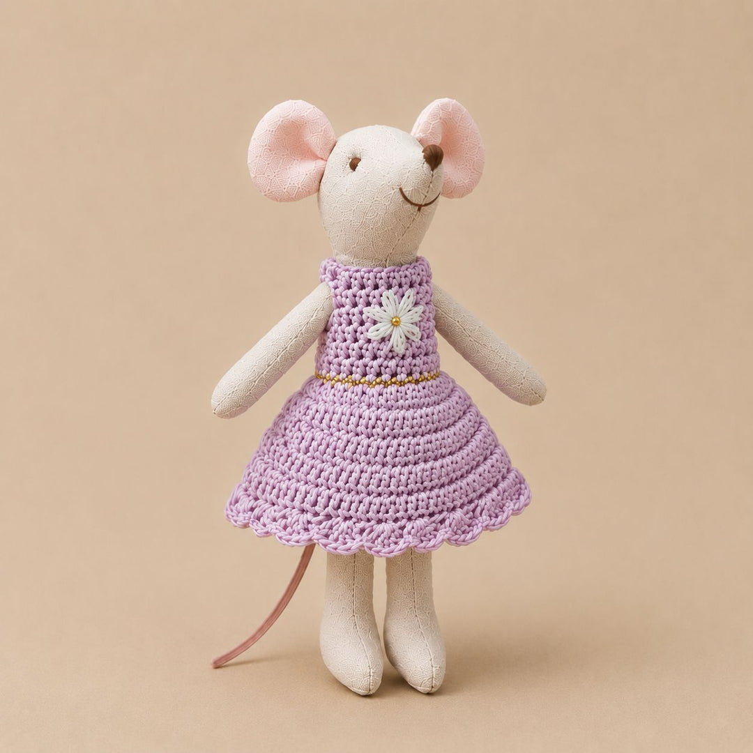 Handcrafted Linen Cotton Mouse Doll with Crochet Dress and Embroidered Flower