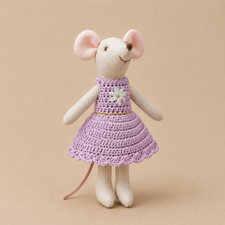 Handcrafted Linen Cotton Mouse Doll with Crochet Dress and Embroidered Flower