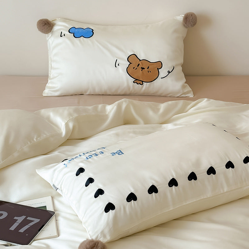 Cotton satin bedding set with heart allover, cute cat embroidery and pompom pillow