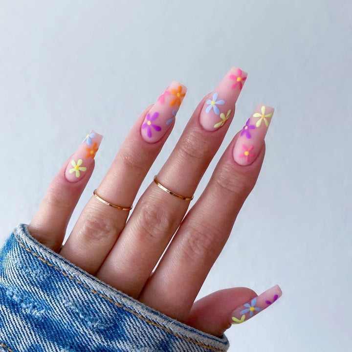 Artificial nail extensions with colorful floral pattern Kalsten