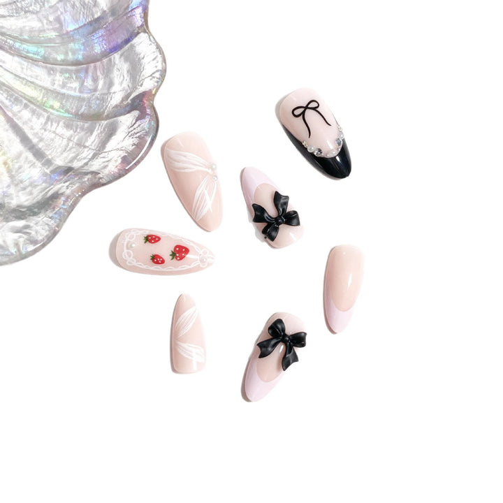Artistic Press-On Nail Set with Bow and Berry Design Kalsten