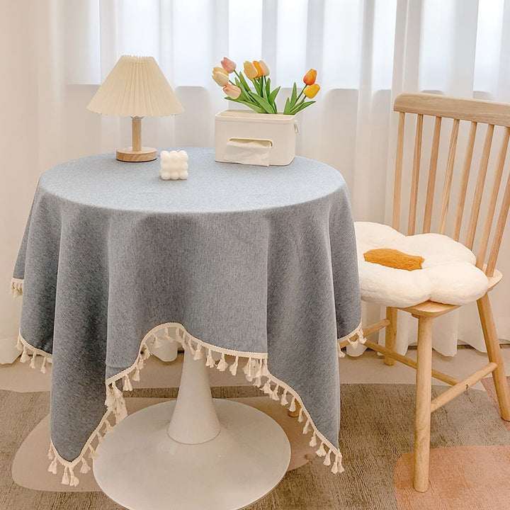 Round Textured Tassel-Trim Tablecloth with Linen-Feel Draped Finish