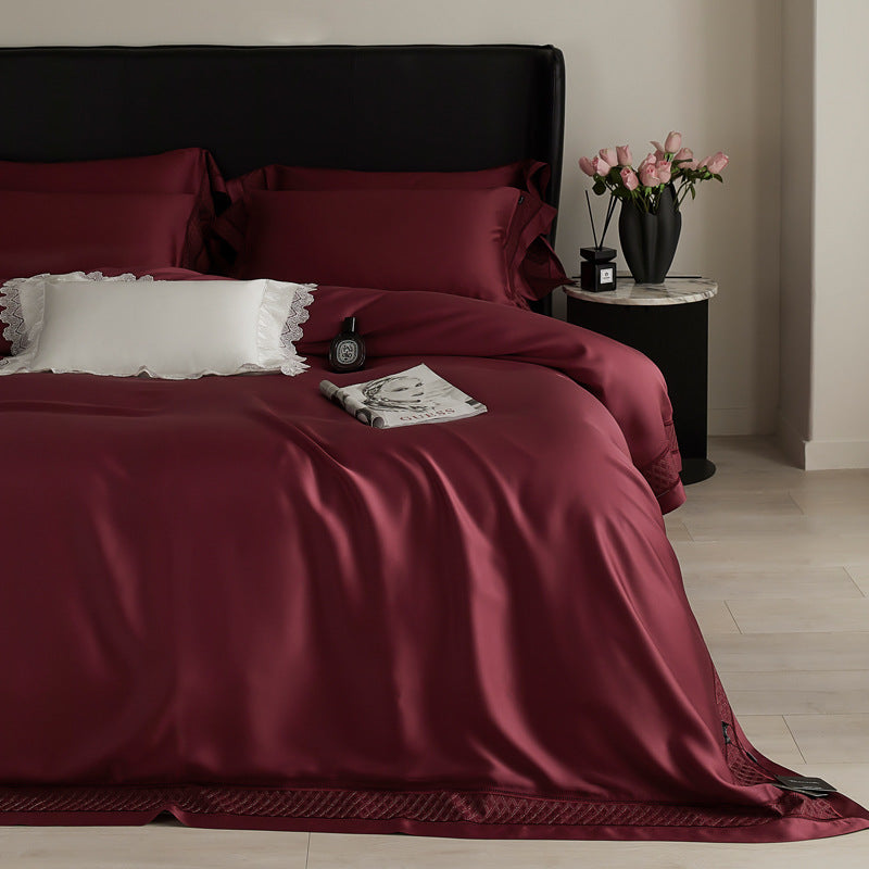 Silky flowing satin bed set with decorative cassette border and extra soft touch