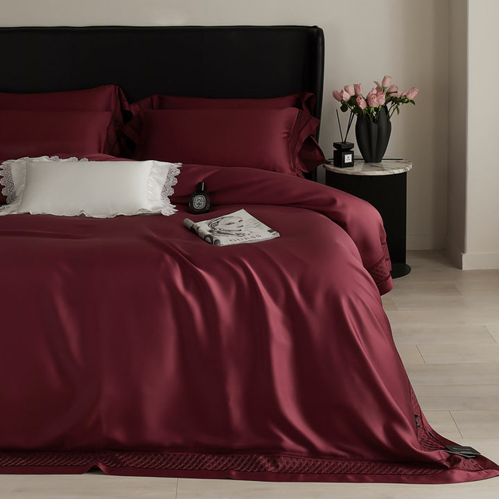 Silky flowing satin bed set with decorative cassette border and extra soft touch