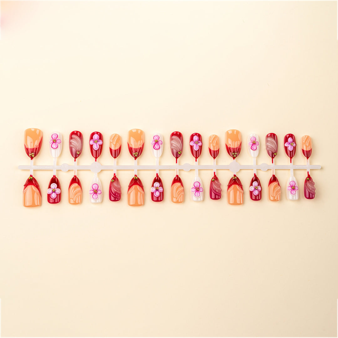 Artistic Press-On Nail Set with Floral Accents