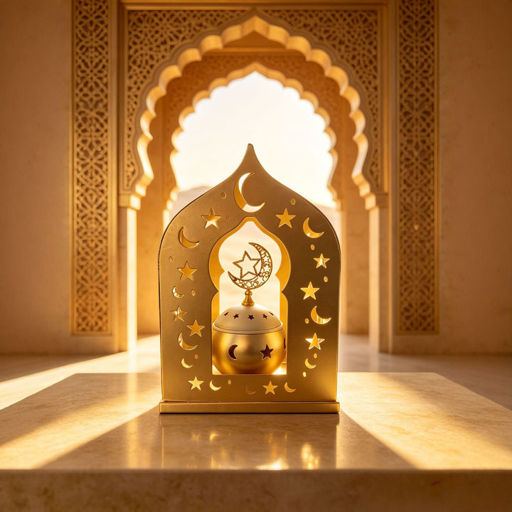 Ornate Metal Crescent-Star Tabletop Lantern with Rotating Incense Burner Kalsten