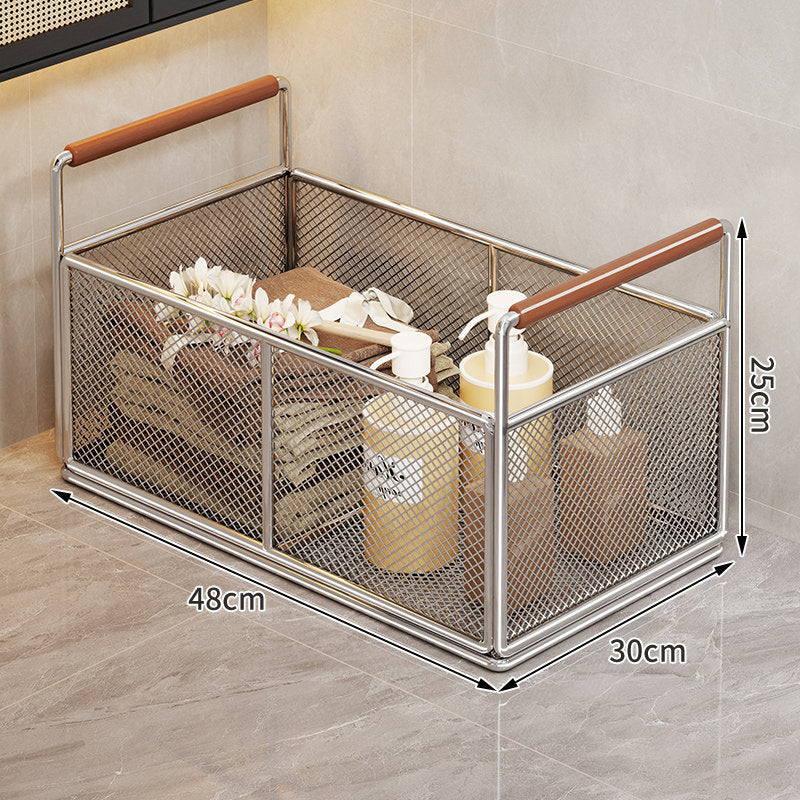 Mesh Metal Storage Organizer Basket with Wooden Grip Handles