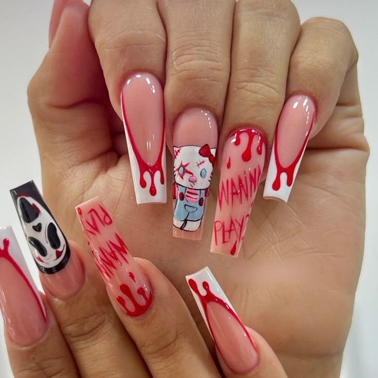Acrylic nail set with creative Halloween design and bloody accents Kalsten