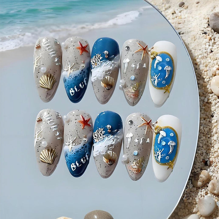 Artificial nail set with maritime designs and elegant embellishments Kalsten