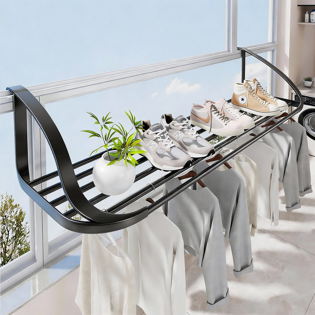 Window-Mounted Foldable Drying Rack with Multi-Bar Shoe and Garment Shelf