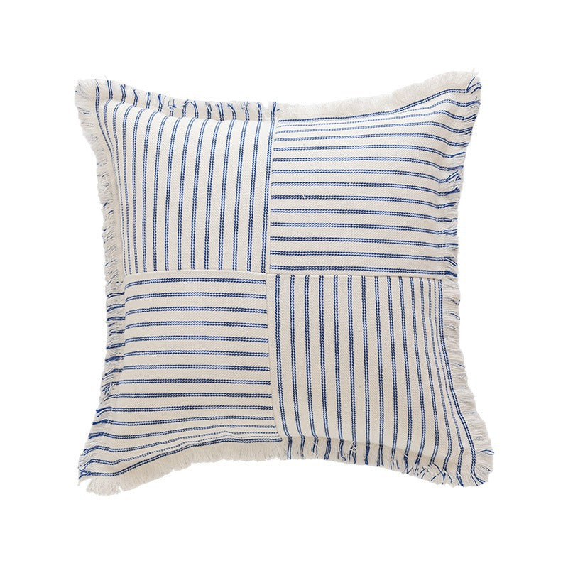 Striped Coastal-Inspired Cotton Square Pillow Cover with Fringed Edge and Concealed Zip