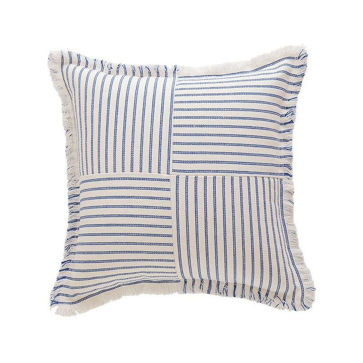 Striped Coastal-Inspired Cotton Square Pillow Cover with Fringed Edge and Concealed Zip