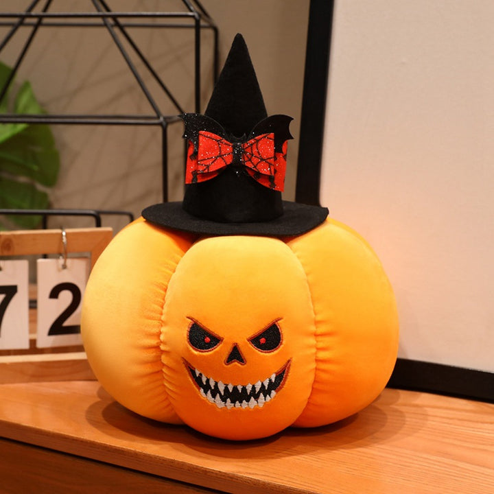Plush pumpkin decoration figure with witch hat and embroidered spooky face