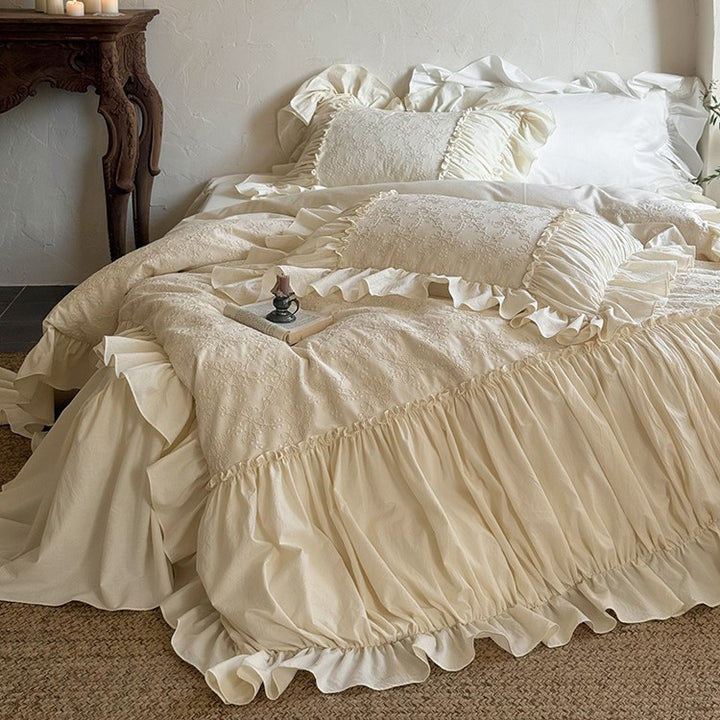 Romantic embroidered cotton bedding set with ruffles and floral jacquard embroidery