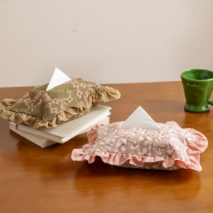 Romantic fabric tissue box cover with ruffles and floral print Kalsten