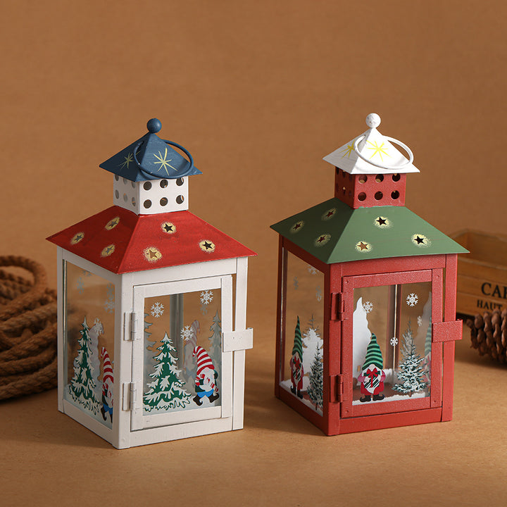 Decorative Holiday Tea Light Lantern with Glass Pane Gnome & Pine Motif Kalsten