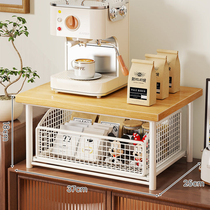 Countertop Wooden-Top Sliding Mesh Storage Basket Organizer with Metal Frame
