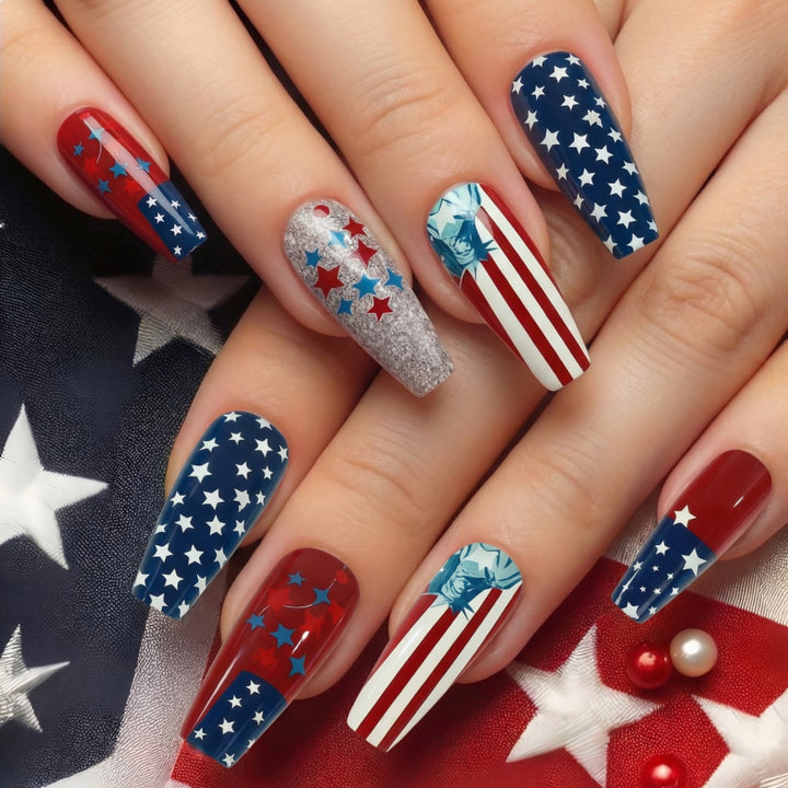 Festive artificial nails with patriotic motifs Kalsten