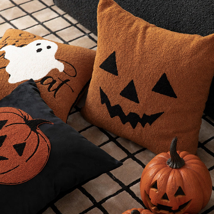 Square Decorative Pillow with Embroidered Halloween Ghost and Boucle Surface Kalsten