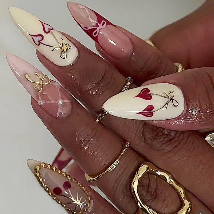 Elegant Decorative Press-On Nail Set with Bow and Heart Designs kalsten