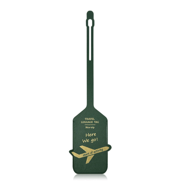 premium leather travel luggage ID tag with embossed airplane motif and adjustable strap Kalsten
