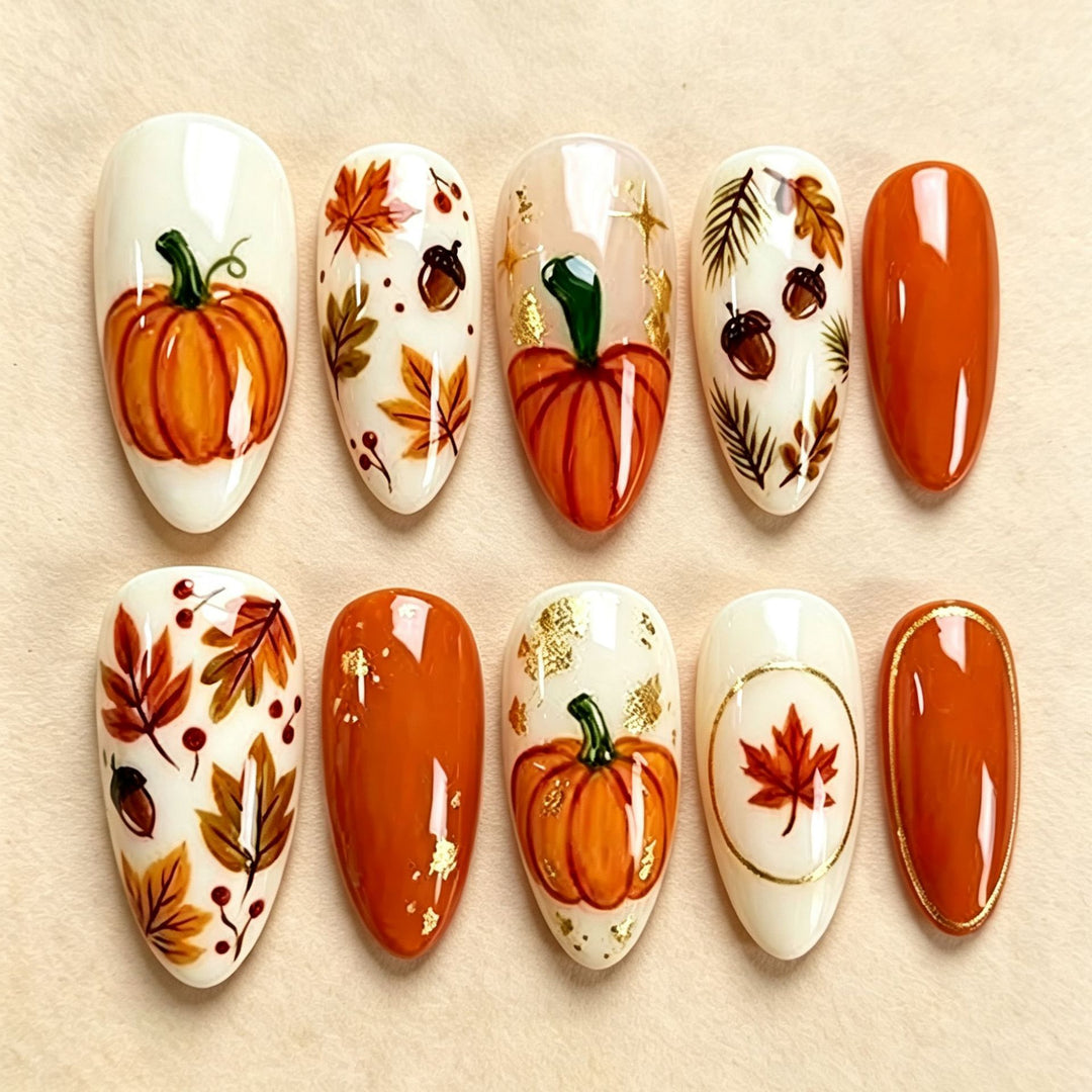 Artistic Autumn-Themed Press-On Nail Art Set Kalsten