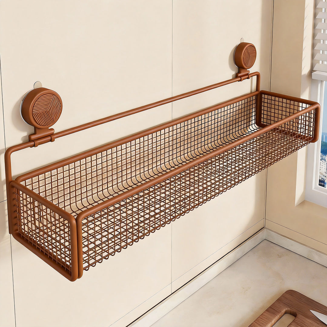 Wall-Mounted Suction Mesh Produce Storage Basket Set with Double-Tier Adjustable Rack