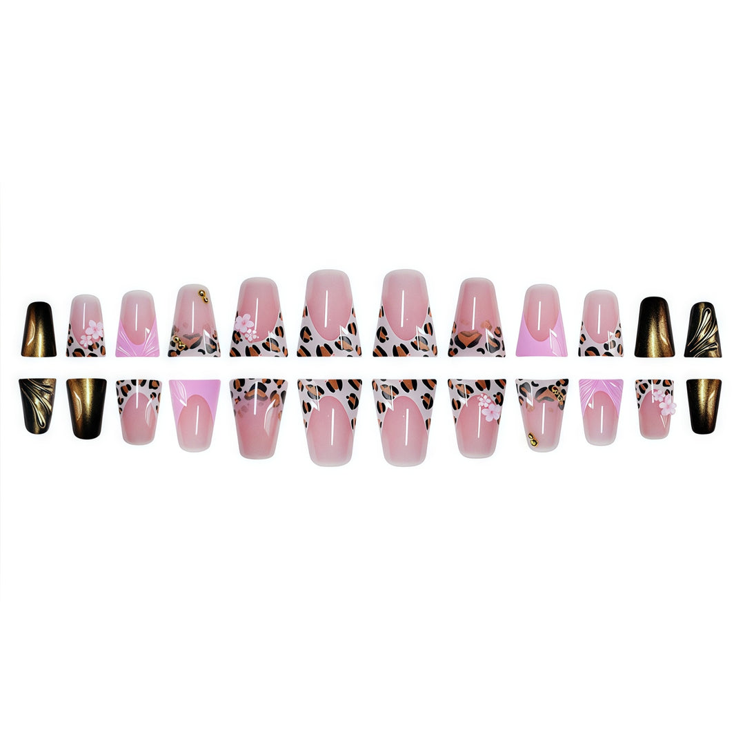 Decorative Press-On Nail Art with Floral and Leopard Accents Kalsten