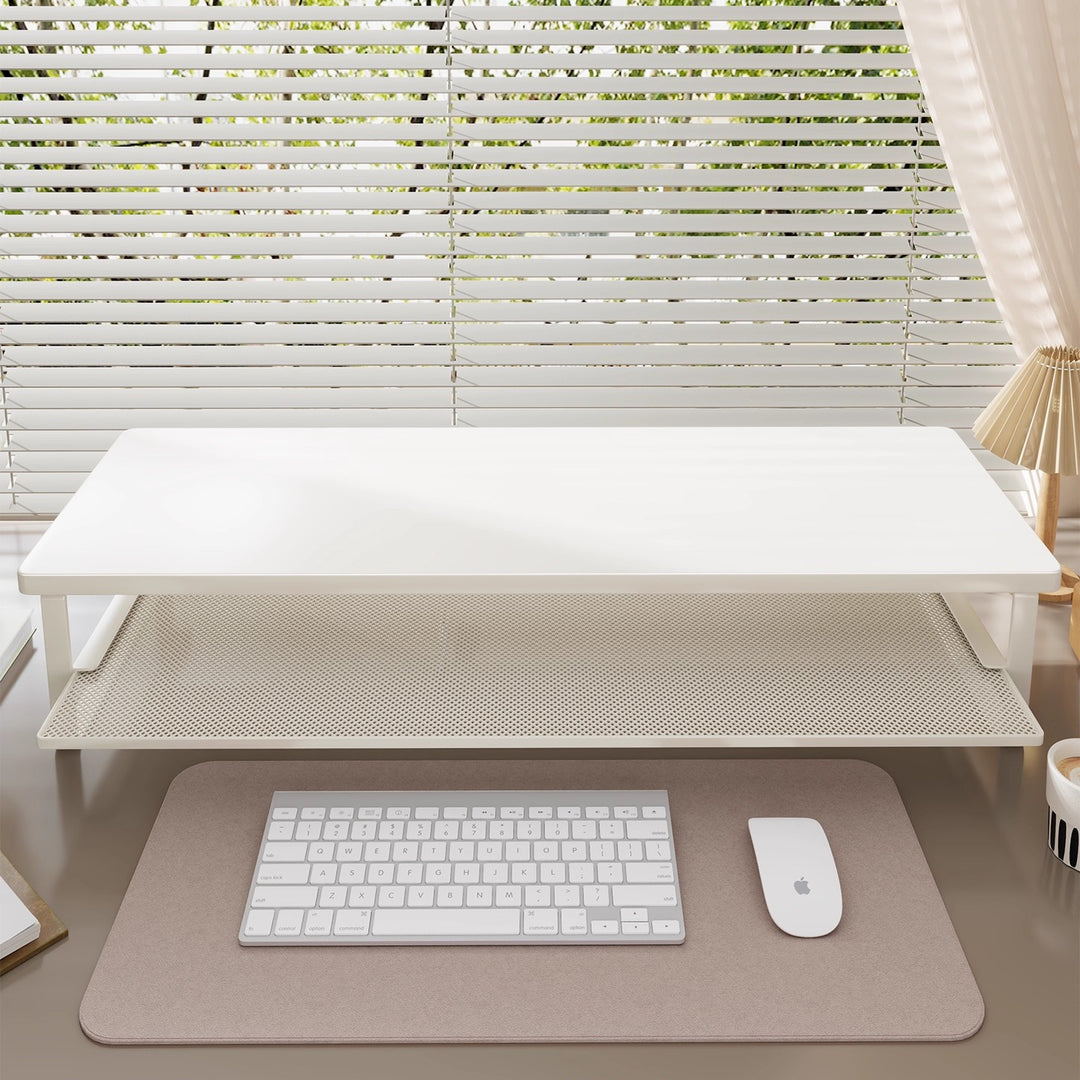 Wood-Top Monitor Stand Riser with Metal Frame and Mesh Under-Shelf