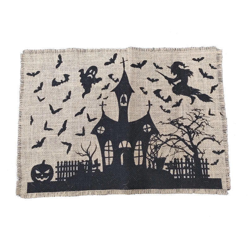 Jute Table Runner Halloween Spooky House Print with Fringed Edge