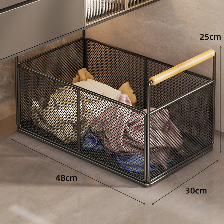 Large Rectangular Metal Mesh Utility Basket with Wooden Handle