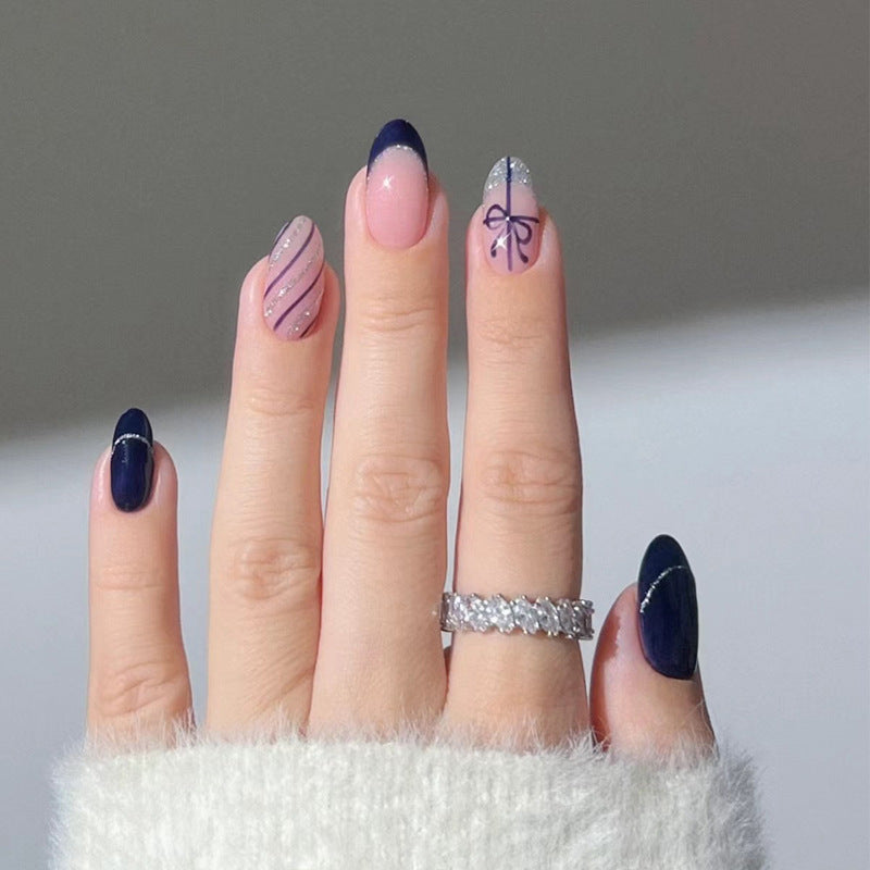 Artistic Press-On Nail Set with Glitter and Bow Design Kalsten