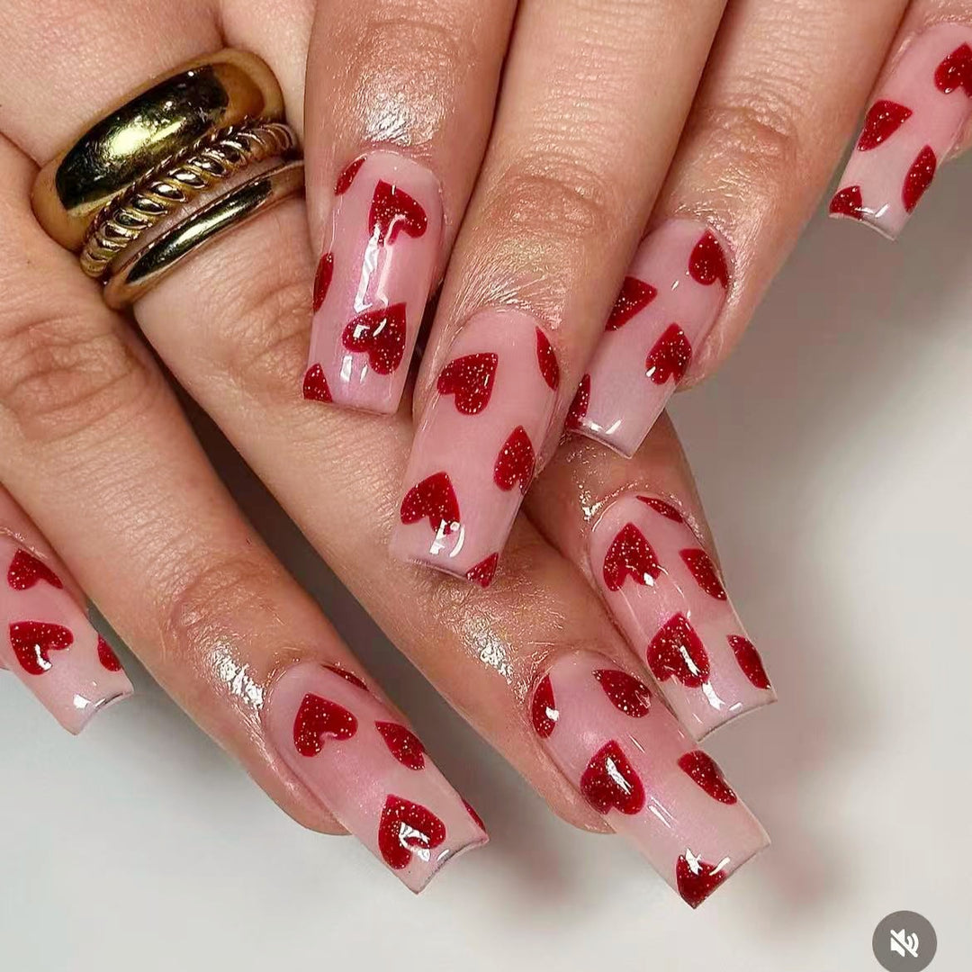 Artificial nail set with romantic heart motif and glitter Kalsten