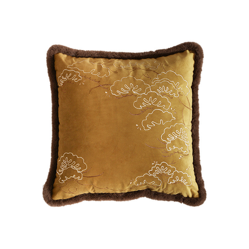 Square velvet cushion cover with intricate embroidery and faux fur trim Kalsten