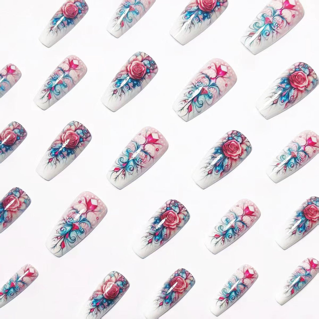 Elegant rose design artificial nails with glitter accents Kalsten